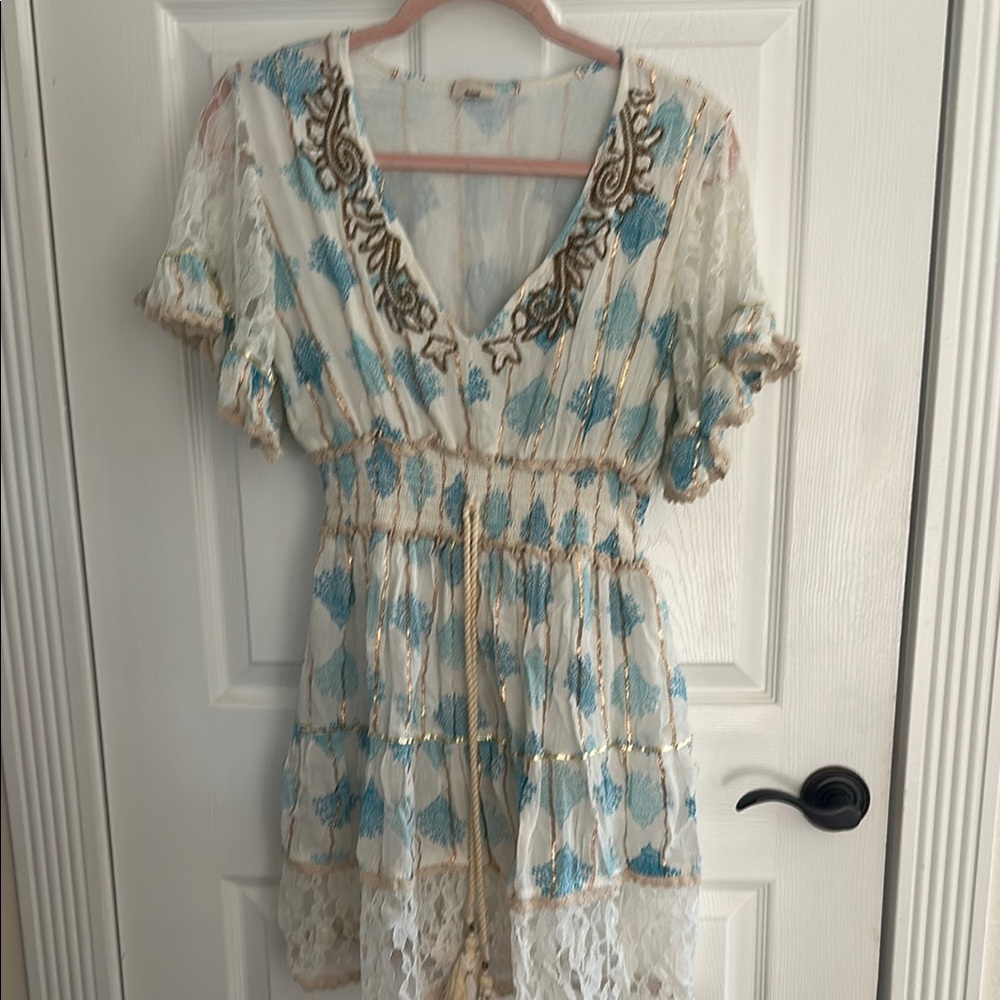 Beaded Bohemian Lace Dress with Blue and Gold Accents